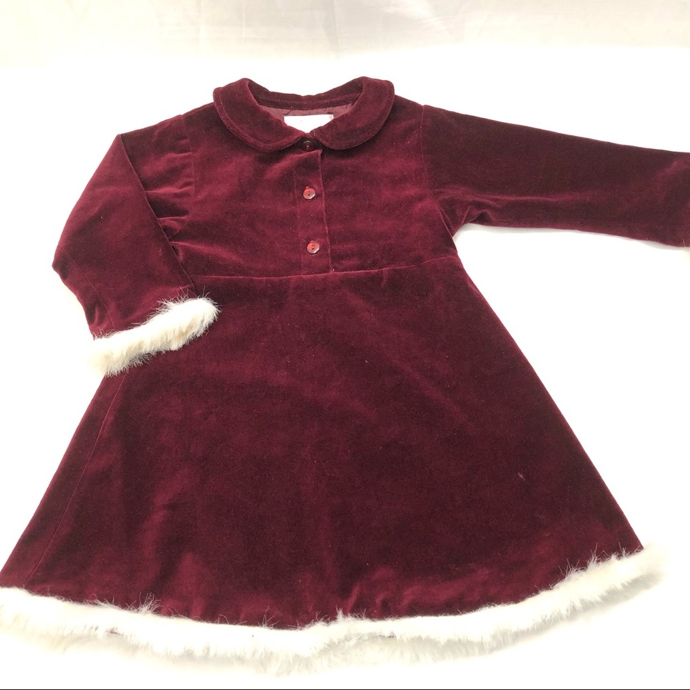 Burgundy Velvet Toddler Dress Size 24 mos. Girls Outfit White Fur Trim